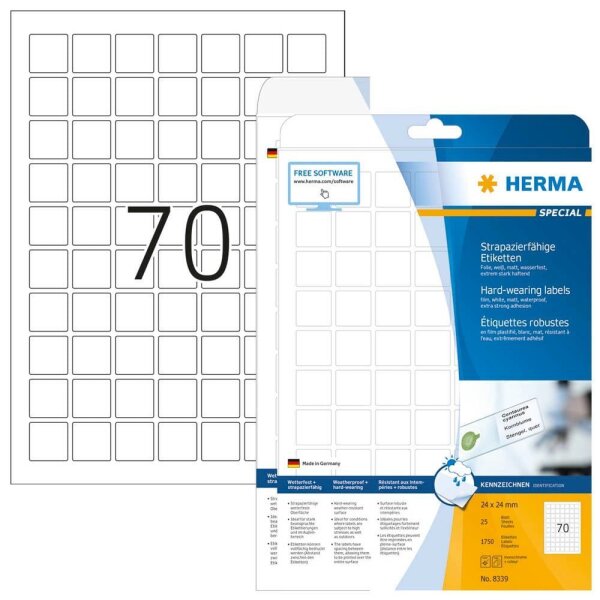 HERMA wetterfeste Folienetiketten 8339 weiß 24,0 x 24,0 mm, 25 Blatt