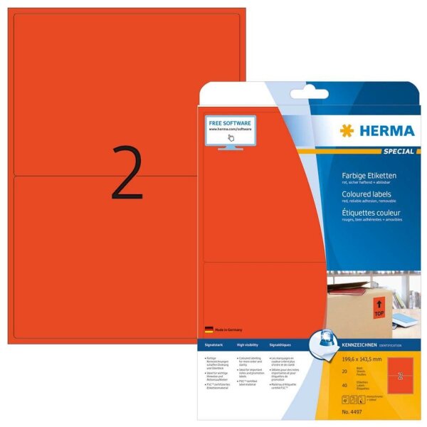 HERMA Etiketten 4497 rot 199,6 x 143,5 mm, 20 Blatt
