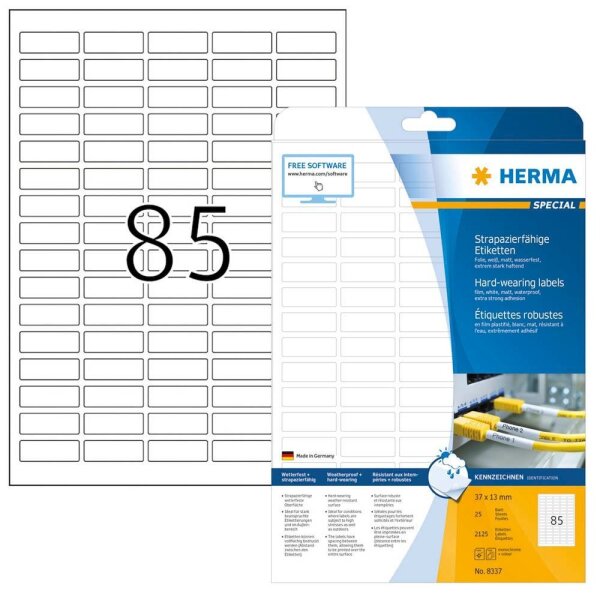 HERMA wetterfeste Folienetiketten 8337 weiß 37,0 x 13,0 mm, 25 Blatt