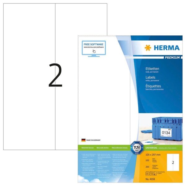 HERMA Etiketten 4658 weiß 105,0 x 297,0 mm, 100 Blatt