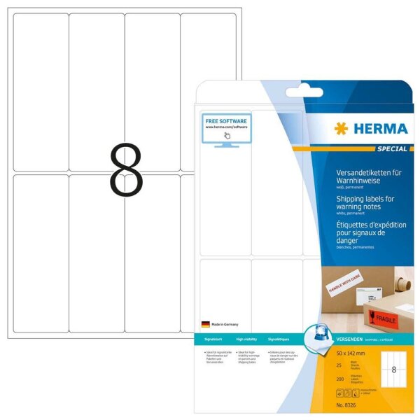 HERMA Versandetiketten 8326 weiß 50,0 x 142,0 mm, 25 Blatt