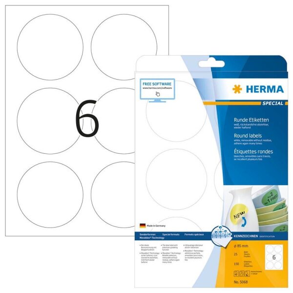 HERMA Etiketten 5068 weiß 85,0 x 85,0 mm, 25 Blatt