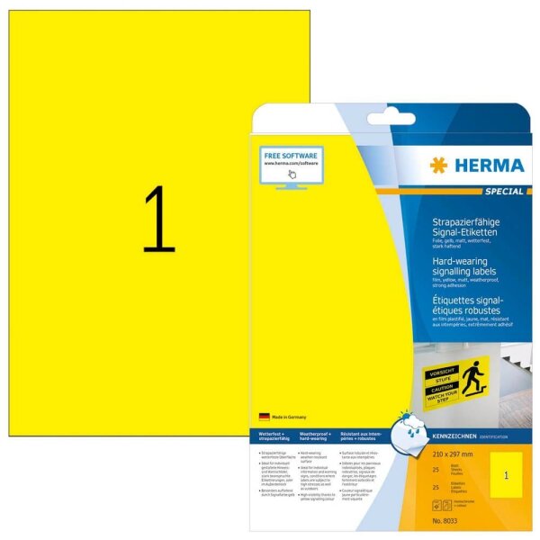 HERMA wetterfeste Folienetiketten 8033 gelb 210,0 x 297,0 mm, 25 Blatt
