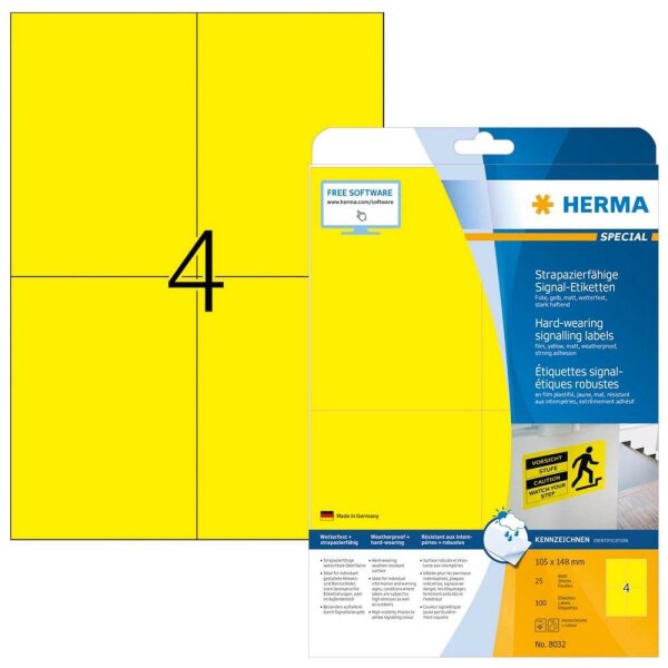 HERMA wetterfeste Folienetiketten 8032 gelb 105,0 x 148,0 mm, 25 Blatt