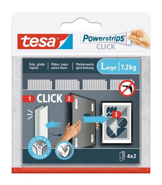 tesa Powerstrips LARGE Click Klebestreifen für max. 7,2 kg, 2,0 x 8,5 cm, 4 St.