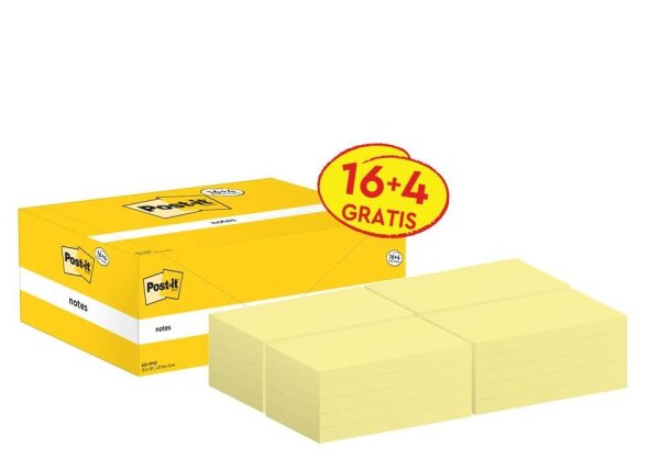 16 + 4 GRATIS: Post-it® Notes 655 Haftnotizen gelb, 16 Blöcke + GRATIS 4 Blöcke
