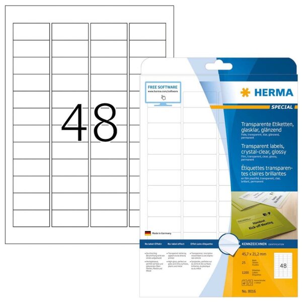 HERMA Folienetiketten 8016 transparent 45,7 x 21,2 mm, 25 Blatt
