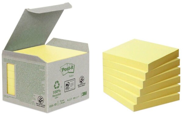 Post-it® Recycling Notes 654 Haftnotizen gelb, 6 Blöcke