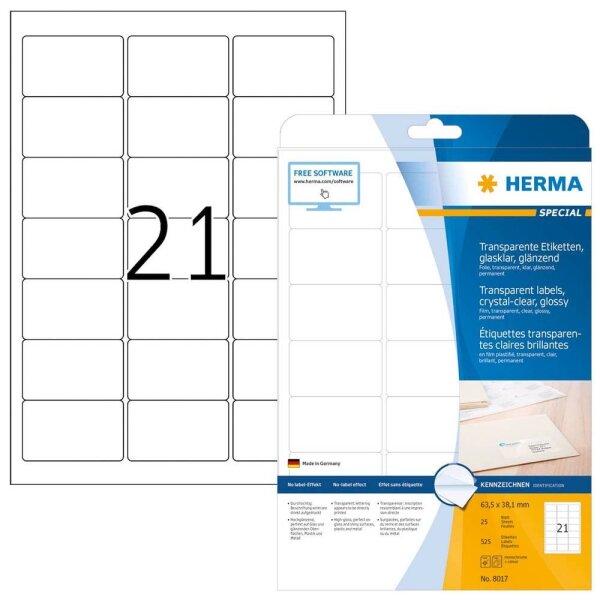 HERMA Folienetiketten 8017 transparent 63,5 x 38,1 mm, 25 Blatt