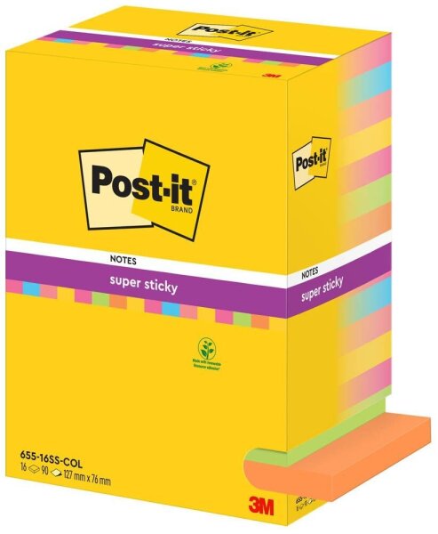 Post-it® Super Sticky Notes Carnival Haftnotizen extrastark farbsortiert, 16 Blöcke