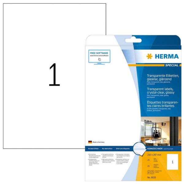 HERMA Folienetiketten 8020 transparent 210,0 x 297,0 mm, 25 Blatt