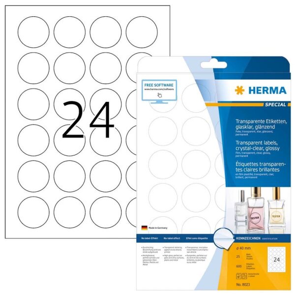 HERMA Folienetiketten 8023 transparent 40,0 x 40,0 mm, 25 Blatt