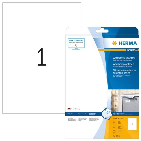 HERMA wetterfeste Folienetiketten 4866 weiß 210,0 x 297,0 mm, 10 Blatt