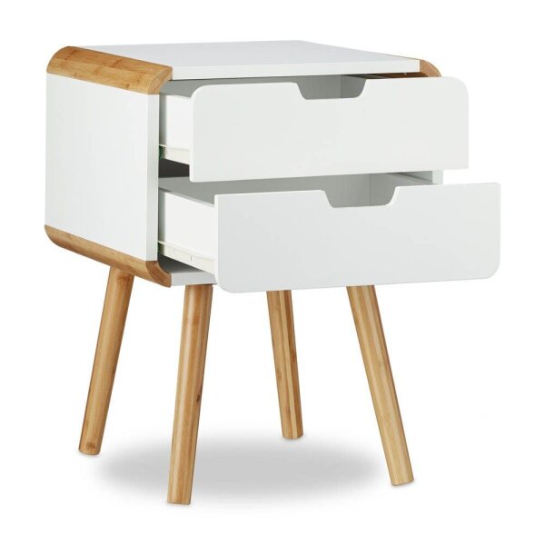 relaxdays Nachttisch rechteckig MDF-Platte, Bambus braun, weiß 40,0 x 40,0 x 55,0 cm, 1 St.