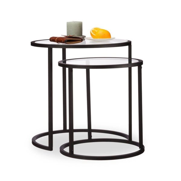relaxdays Beistelltische-Set rund Glas schwarz, 2 St.