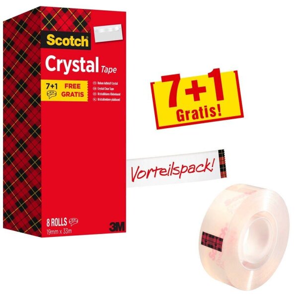 7 + 1 GRATIS: Scotch Crystal Klebefilm kristall-klar 19,0 mm x 33,0 m 7 Rollen + GRATIS 1 Rollen