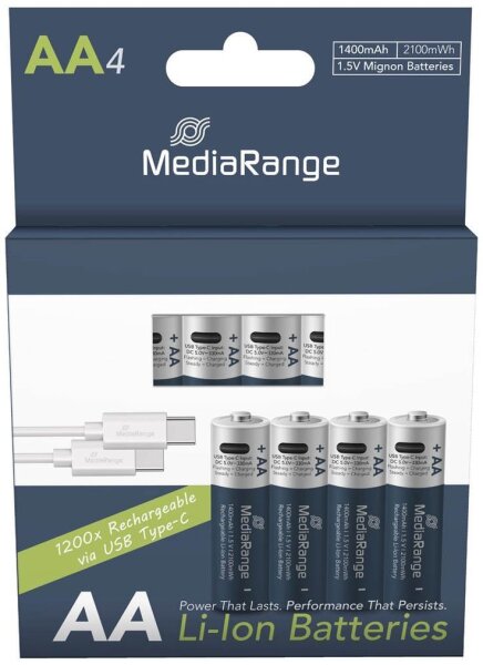 MediaRange USB-Akkus mit Ladekabel Li-Ion Mignon AA 1400 mAh, 4 St.