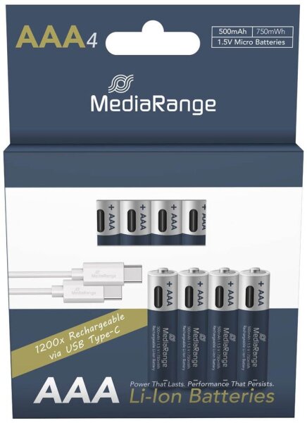 MediaRange USB-Akkus mit Ladekabel Li-Ion Micro AAA 500 mAh, 4 St.