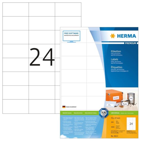 HERMA Etiketten 4615 weiß 70,0 x 37,0 mm, 200 Blatt
