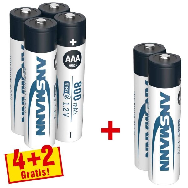 4 + 2 GRATIS: ANSMANN Akkus maxE Ni-MH Micro AAA 800 mAh, 4 St. + GRATIS 2 St.