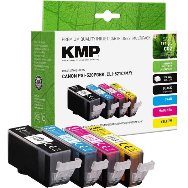 KMP  schwarz, cyan, magenta, gelb Druckerpatronen kompatibel zu Canon PGI-520 BK, CLI-521 C/M/Y, 4er-Set