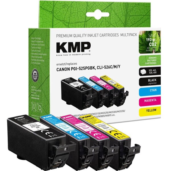 KMP  schwarz, cyan, magenta, gelb Druckerpatronen kompatibel zu Canon PGI525PGBK, CLI526C/M/Y, 4er-Set