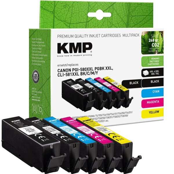 KMP  1x pigmentschwarz, 1x schwarz, 1x cyan, 1x magenta, 1x gelb Druckerpatronen kompatibel zu Canon PGI-580XXL PGBK, CLI 581XXL BK/C/M/Y, 5er-Set
