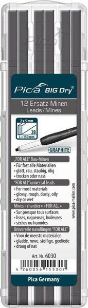 Pica Big Dry For All 6030 Bleistiftminen für Zimmermannsbleistift mit Druckmechanismus grau 2B 2,0 - 5,0 mm, 12 St.