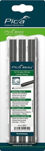 Pica Big Dry Steinnhauer 6055 Bleistiftminen für Zimmermannsbleistift mit Druckmechanismus grau 10H 2,0 - 5,0 mm, 12 St.