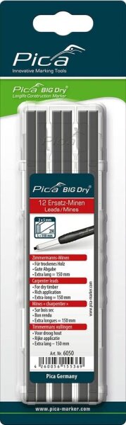 Pica Big Dry 6050 Bleistiftminen für Zimmermannsbleistift mit Druckmechanismus grau 2H 2,0 - 5,0 mm, 12 St.