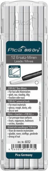 Pica Big Dry For All 6032 Bleistiftminen für Zimmermannsbleistift mit Druckmechanismus weiß 2B 2,0 - 5,0 mm, 12 St.