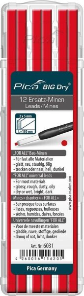 Pica Big Dry For All 6031 Bleistiftminen für Zimmermannsbleistift mit Druckmechanismus rot 2B 2,0 - 5,0 mm, 12 St.