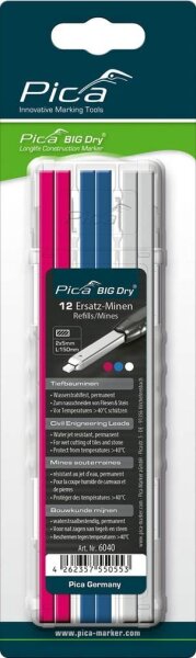 Pica Big Dry Tiefbau 6040 Ersatzminen für Tieflochmarker-Bleistift farbsortiert 2,0 - 5,0 mm, 12 St.