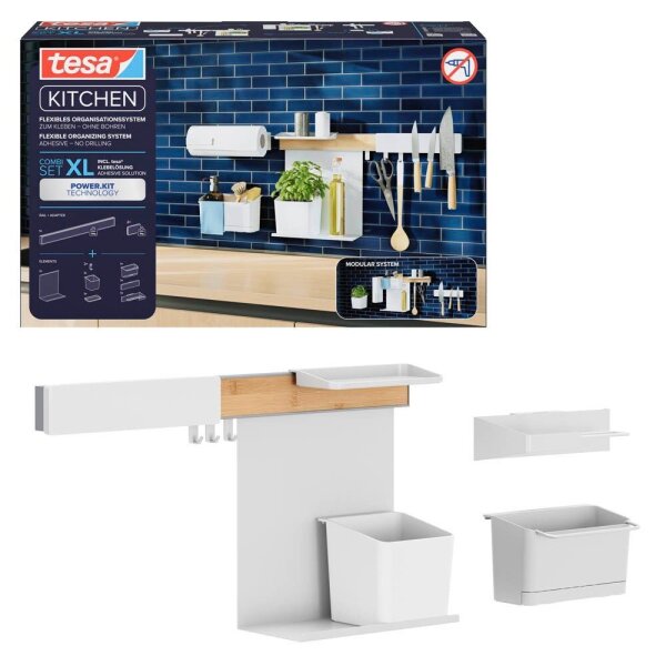 tesa Küchen-Organizer Kombi Set XL weiß 86,5 x 14,0 x 34,0 cm, 1 Set