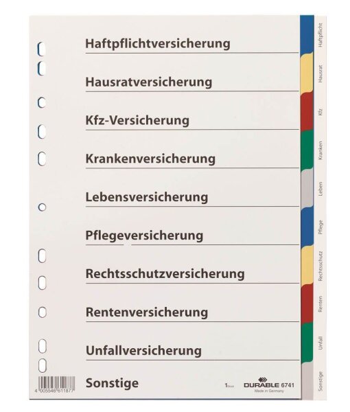 DURABLE Ordnerregister DIN A4 Vollformat blanko mit Deckblatt Versicherungen 2x blau, 2x gelb, 2x rot, 2x grün, 2x grau 10-teilig, 1 Satz