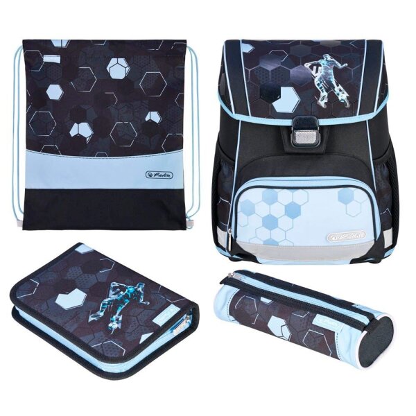 herlitz Schulranzen-Set Loop Plus Cyber Soccer Kunstfaser grün