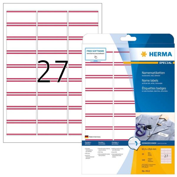 HERMA Namensetiketten 4512 weiß 63,5 x 29,6 mm, 20 Blatt