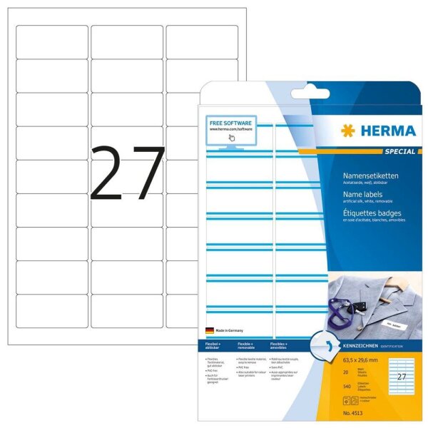 HERMA Namensetiketten 4513 weiß 63,5 x 29,6 mm, 20 Blatt