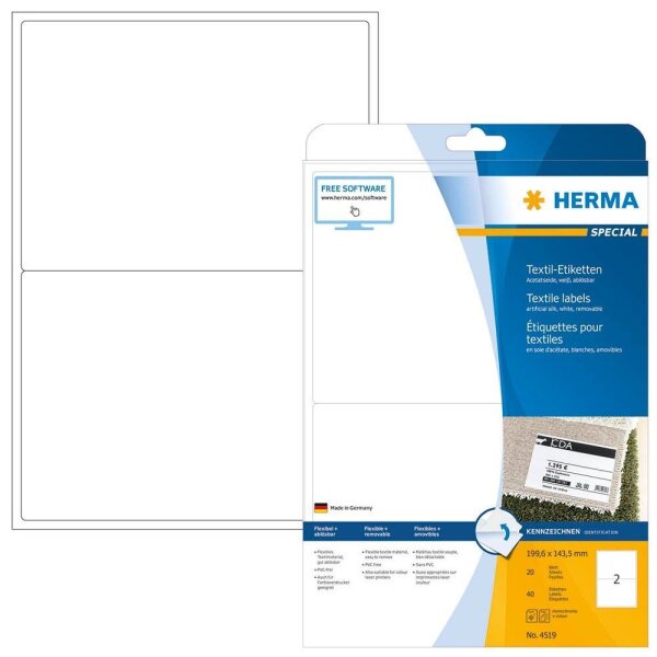 HERMA Namensetiketten 4519 weiß 199,6 x 143,5 mm, 20 Blatt