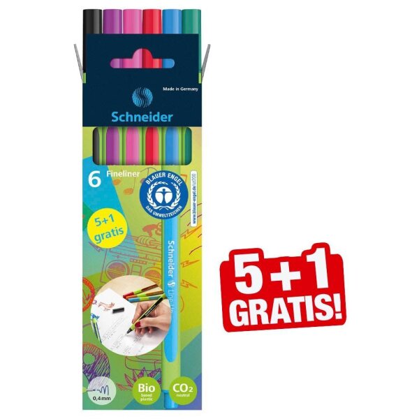 5 + 1 GRATIS: Schneider Line-Up Fineliner farbsortiert 0,4 mm, 5 St. + GRATIS 1 Fineliner