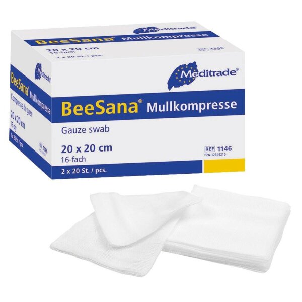 Meditrade® Mull-Kompressen BeeSana®mit eingeschlagenen Schnittkanten 1146 weiß 20,0 x 20,0 cm, 20x 2 St.