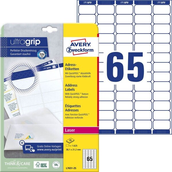 AVERY Zweckform Adressetiketten L7651-25 weiß 38,1 x 21,2 mm, 25 Blatt