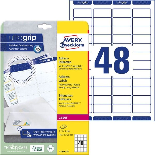 AVERY Zweckform Adressetiketten L7636-25 weiß 45,7 x 21,2 mm, 25 Blatt