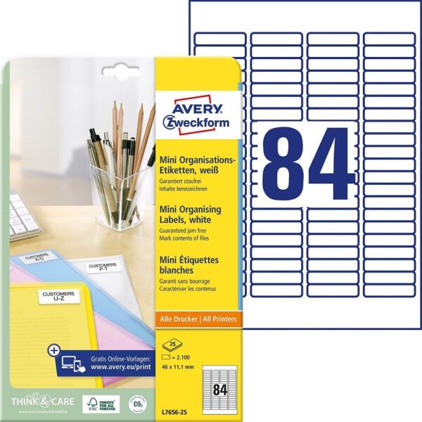 AVERY Zweckform Etiketten L7656-25 weiß 46,0 x 11,1 mm, 25 Blatt