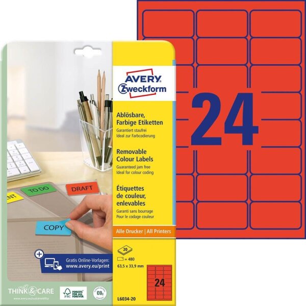 AVERY Zweckform Etiketten L6034-20 rot 63,5 x 33,9 mm, 20 Blatt