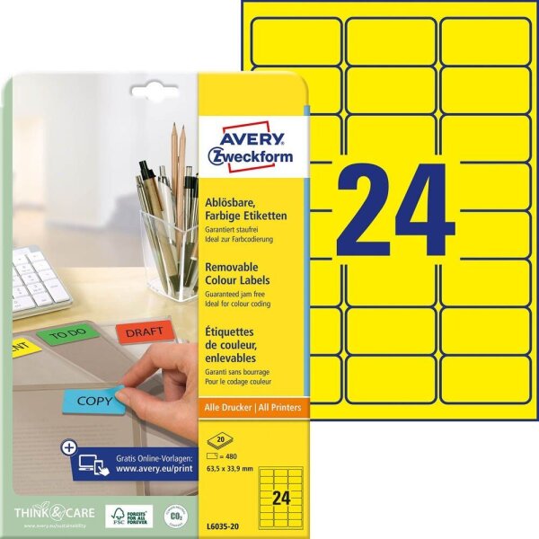 AVERY Zweckform Etiketten L6035-20 gelb 63,5 x 33,9 mm, 20 Blatt