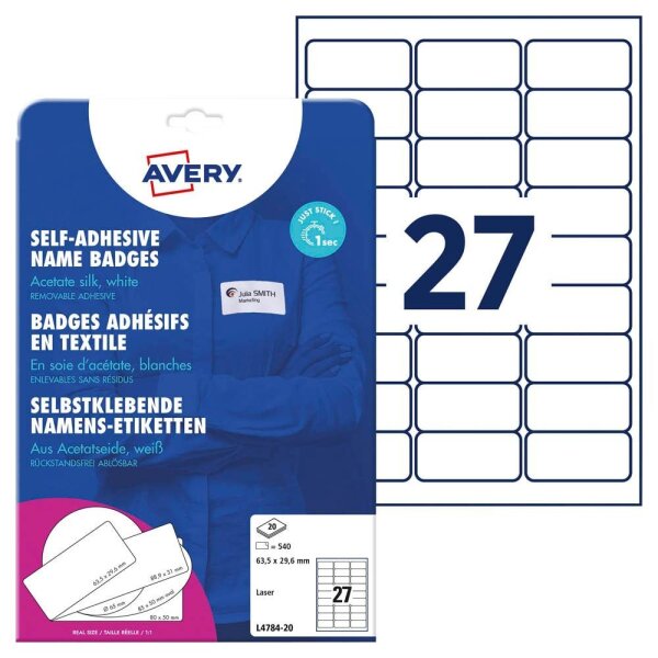 AVERY Zweckform Namensetiketten L4784-20 weiß 63,5 x 29,6 mm, 20 Blatt