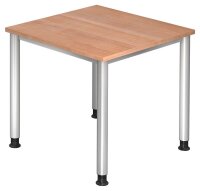 HAMMERBACHER HS08 höhenverstellbarer Schreibtisch nussbaum quadratisch, 4-Fuß-Gestell silber 80,0 x 80,0 cm