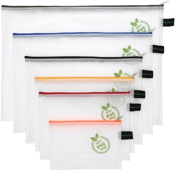 FolderSys Reißverschlussbeutel je 1x A6, B6, A5, B5, A4, B4 transparent/farbsortiert 0,20 mm, 1 Set