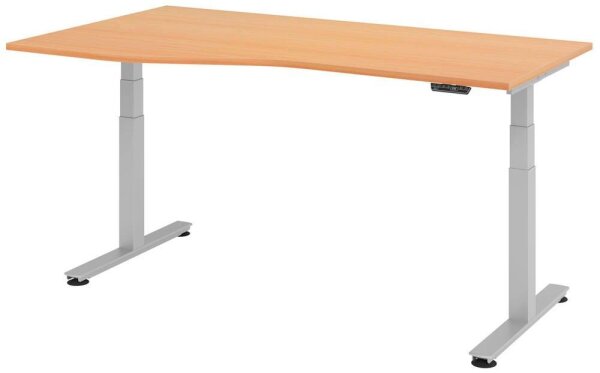 HAMMERBACHER VXDSM18 elektrisch höhenverstellbarer Schreibtisch buche Trapezform, T-Fuß-Gestell silber 180,0 x 100,0 cm